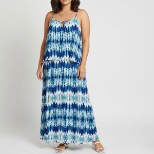 CALVIN KLEIN Blue White Tie Dye Blouson Halter Maxi Dress Sundress Plus 2X